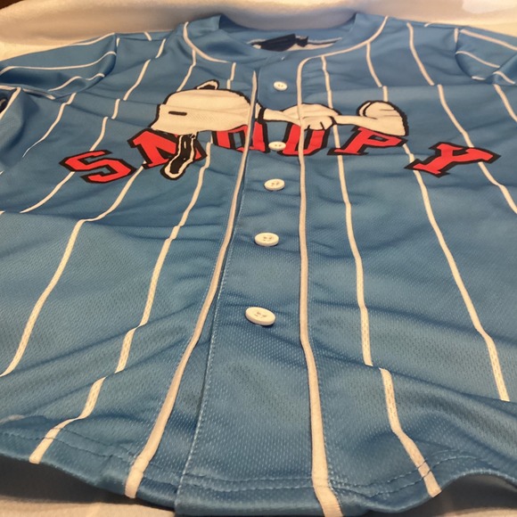 Peanuts Snoopy Baseball Jersey Blue Pinstripe Button Up Short Sleeve Small 50 - Picture 2 of 9